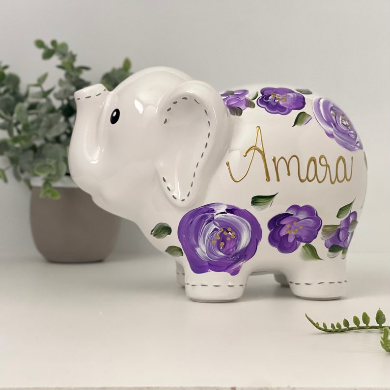 Hand Painted Elephant Piggy Bank with Purple Flowers, 1st Birthday Gift For Baby Girl, Personalized Piggy Bank for Girls Boho Decor image 5