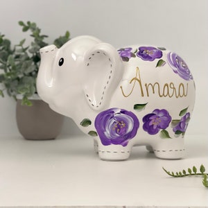 Hand Painted Elephant Piggy Bank with Purple Flowers, 1st Birthday Gift For Baby Girl, Personalized Piggy Bank for Girls Boho Decor image 4