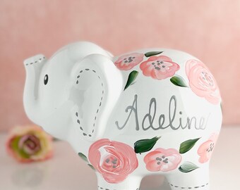 Boho Painted Elephant Piggy Bank, Baby Girl Gift, Personalized Piggy Bank for Girls, Baby Girl Baby Shower Gift, 1st Birthday Gift Girls