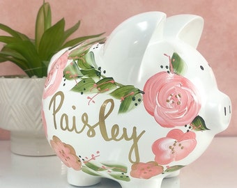 Large Boho Painted Peach Floral, Piggy Bank, Baby Girl Gift, Personalized Piggy Bank for Girls, Baby Girl Baby Shower Gift 1st Birthday Gift