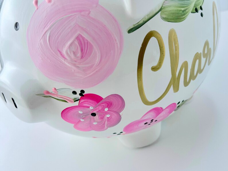 Custom Hand-Painted Piggy Bank for Girls Personalized Boho Chic Nursery Decor, Unique Baby Shower Gift, Heirloom Keepsake Easter Gift image 2