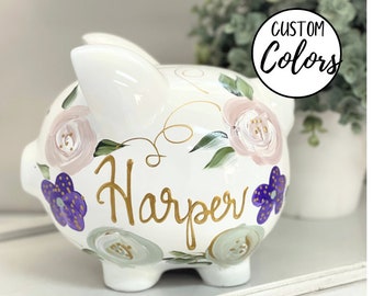 Hand Painted Personalized Piggy Bank for Girls, Custom Flower  Piggy Bank for Girls, Tan, Purple and Sage Green Flowers  Baby Shower Gift