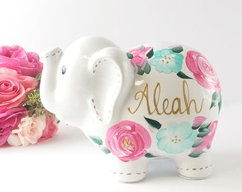 Hand Painted Elephant Piggy Bank with Flowers, 1st Birthday Gift For Baby Girl, Personalized Piggy Bank for Girls  - Boho Decor - Nursery