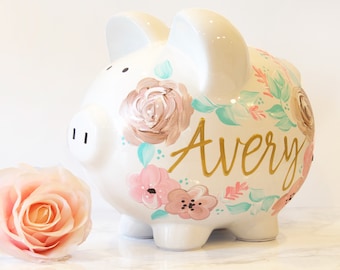 Large Boho Painted Piggy Bank, Baby Girl Gift, Personalized Piggy Bank for Girls, Baby Girl Baby Shower Gift, 1st Birthday Gift Girls