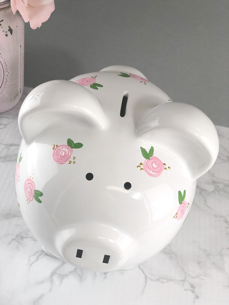 Piggy Bank for Girls Personalized Piggy Bank Girls Baby Girl Gift 1st Birthday Gift Large Hand Painted Piggy Bank Floral image 4