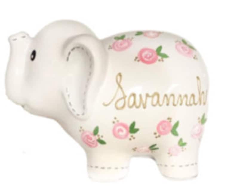 Personalized White Elephant Piggy Bank, Hand Painted Piggy Bank for Girls, Baby Shower Gift 1st Birthday Gift for Baby Girl, Baby Girl image 6