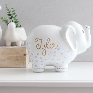 Personalized White Elephant Piggy Bank, Hand Painted Piggy Bank for Gender Neutral Baby Shower Gift 1st Birthday Gift for Baby Boy or Girl