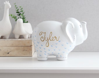 Personalized White Elephant Piggy Bank, Hand Painted Piggy Bank for Gender Neutral Baby Shower Gift 1st Birthday Gift for Baby Boy or Girl