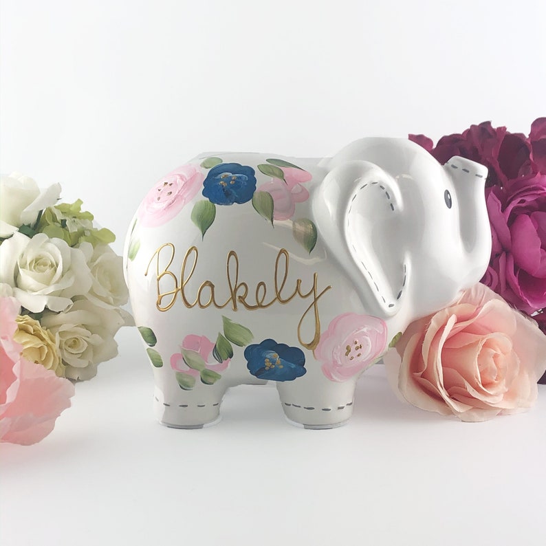 Hand Painted Elephant Piggy Bank with Light Pink and Navy Flowers, 1st Birthday Gift For Baby Girl Personalized Nursery Decor image 3