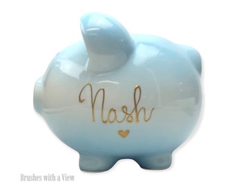 Personalized Baptism Gift - Blue Ombre Ceramic Piggy Bank For Boys - Unique Baby Shower Gift - High Quality  Hand Painted Large Size