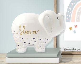 Personalized White Elephant Piggy Bank, Hand Painted Purple Hearts Piggy Bank for Girls, Baby Shower Gift 1st Birthday Gift for Baby Girl