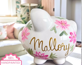 Hand Painted Personalized Piggy Bank Pink Flowers, Perfect Baby Shower Gift for Girls, Adorable 1st Birthday Gift,  Large Piggy Bank