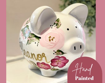 Personalized Piggy Bank for Girls - Custom Hand-Painted Piggy Banks, Baby Girl Gift, First Birthday Gift, Large  Piggy Bank with Name