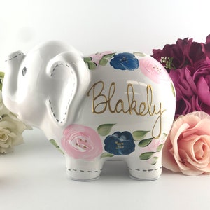 Hand Painted Elephant Piggy Bank with Light Pink and Navy Flowers, 1st Birthday Gift For Baby Girl Personalized Nursery Decor image 1