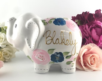 Hand Painted Elephant Piggy Bank with Light Pink and Navy Flowers, 1st Birthday Gift For Baby Girl Personalized - Nursery Decor