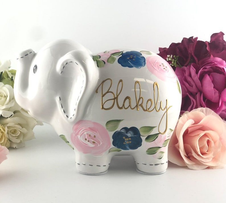 Hand Painted Elephant Piggy Bank with Light Pink and Navy Flowers, 1st Birthday Gift For Baby Girl Personalized Nursery Decor image 1