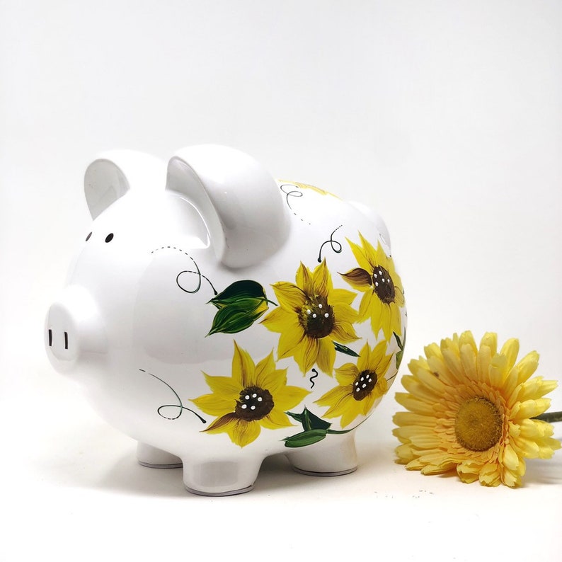 Hand Painted Sunflower Piggy Bank for Girls, Custom Hand Painted Piggy Bank, Piggy Bank for Girls, Baby Shower Gift, Large bank image 5