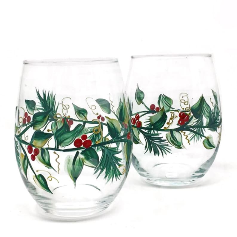 Christmas Themed Wine Glasses Holiday Decor Set of 2 Stemmed Etsy