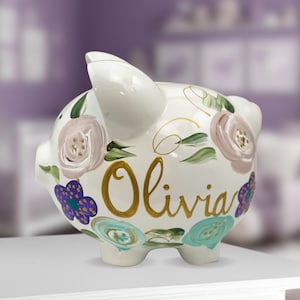 Personalized Piggy Bank for Kids - Custom Name Ceramic Money Bank with Hand-Painted Flowers - Perfect Baby Shower Gift - Nursery Decor