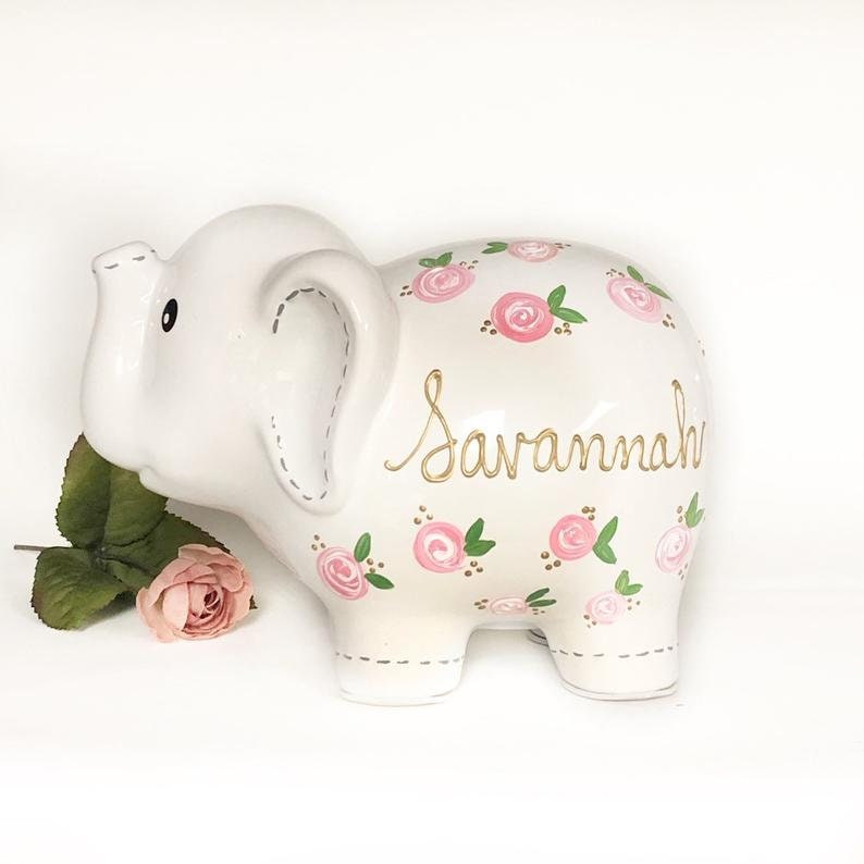 Personalized White Elephant Piggy Bank, Hand Painted Piggy Bank for Girls, Baby Shower Gift 1st Birthday Gift for Baby Girl, Baby Girl image 5