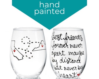 Hand Painted Best Friend Wine Glass Best Friend Long Distance Friendship Gift, Best Friends Forever Stemless Wine Glass Birthday Gift Idea