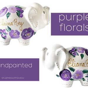 Hand Painted Elephant Piggy Bank with Purple Flowers, 1st Birthday Gift For Baby Girl, Personalized Piggy Bank for Girls Boho Decor image 6