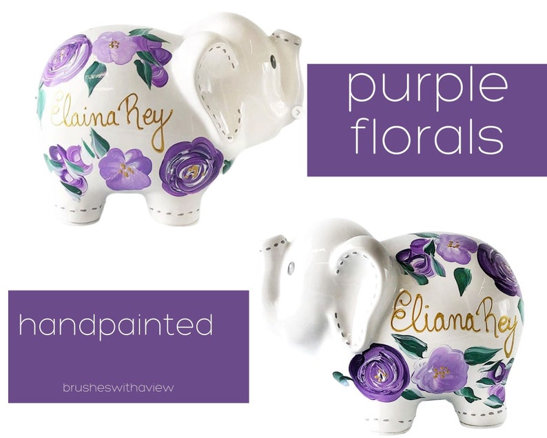 Hand Painted Elephant Piggy Bank with Purple Flowers, 1st Birthday Gift For Baby Girl, Personalized Piggy Bank for Girls Boho Decor image 6