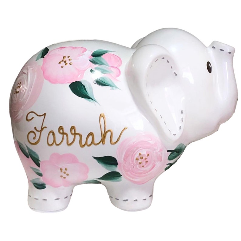 Hand Painted Elephant Piggy Bank With Pink Flowers 1st Etsy