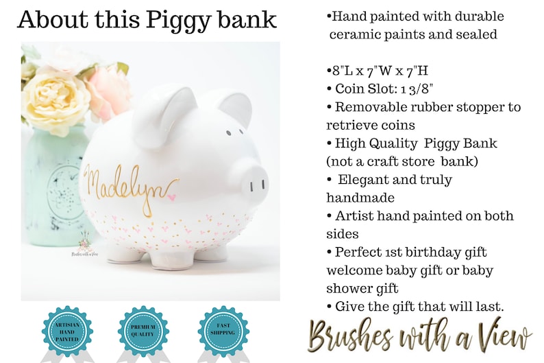 Hand Painted Personalized Piggy Bank for Girls, Custom Hand Painted Piggy Bank, Piggy Bank for Girls, Baby Shower Gift, Large bank zdjęcie 3