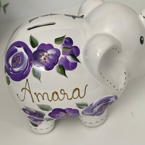 Hand Painted Elephant Piggy Bank with Purple Flowers, 1st Birthday Gift For Baby Girl, Personalized Piggy Bank for Girls Boho Decor image 2