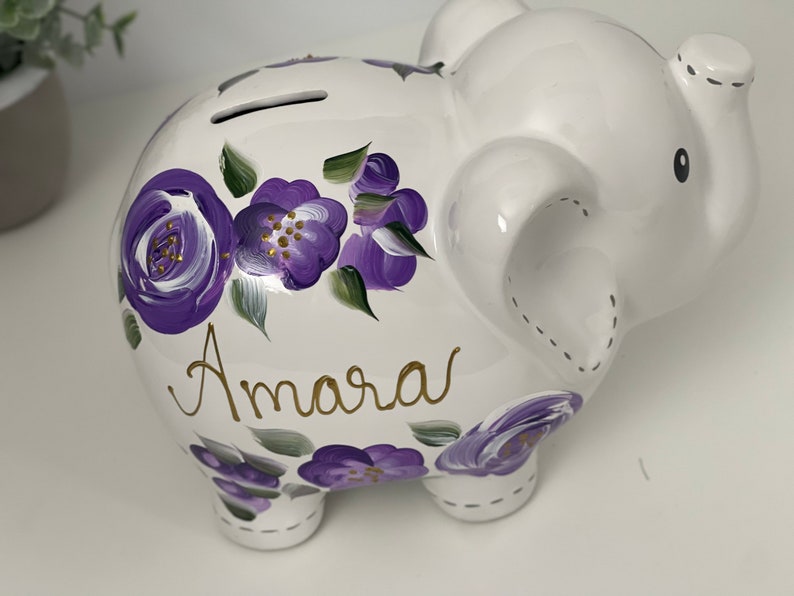 Hand Painted Elephant Piggy Bank with Purple Flowers, 1st Birthday Gift For Baby Girl, Personalized Piggy Bank for Girls Boho Decor image 2