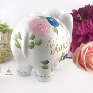 Hand Painted Elephant Piggy Bank with Light Pink and Navy Flowers, 1st Birthday Gift For Baby Girl Personalized Nursery Decor image 4