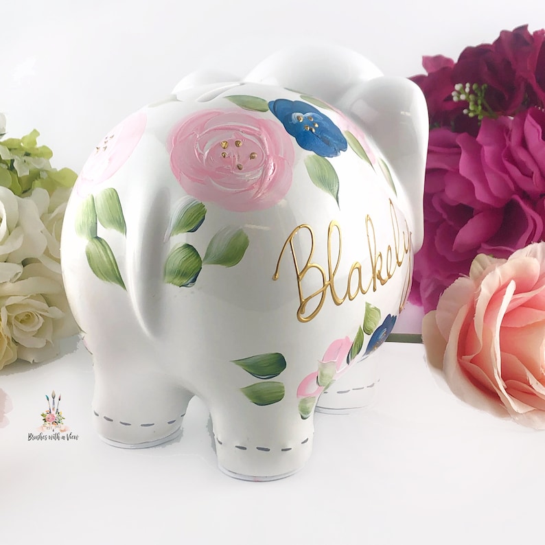 Hand Painted Elephant Piggy Bank with Light Pink and Navy Flowers, 1st Birthday Gift For Baby Girl Personalized Nursery Decor image 4