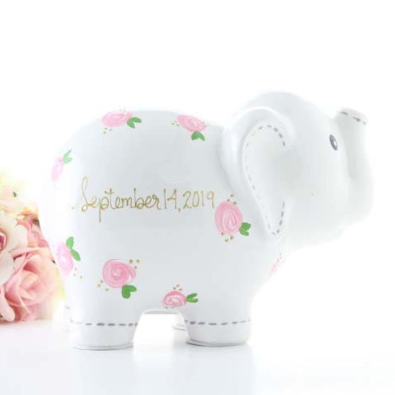 Personalized White Elephant Piggy Bank, Hand Painted Piggy Bank for Girls, Baby Shower Gift 1st Birthday Gift for Baby Girl, Baby Girl image 3