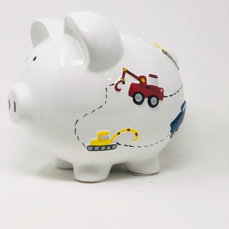 Personalized Construction Piggy Bank For Boys - 1st Birthday Gift for Baby Boy - Dump Truck and Construction Equipment Coin Bank - Baptism Bild 6