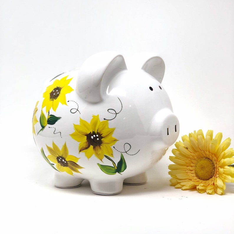 Hand Painted Sunflower Piggy Bank for Girls, Custom Hand Painted Piggy Bank, Piggy Bank for Girls, Baby Shower Gift, Large bank image 2