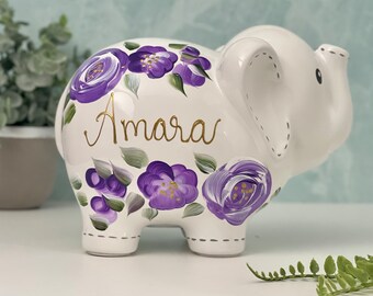 Hand Painted Elephant Piggy Bank with Purple Flowers, 1st Birthday Gift For Baby Girl, Personalized Piggy Bank for Girls  - Boho Decor