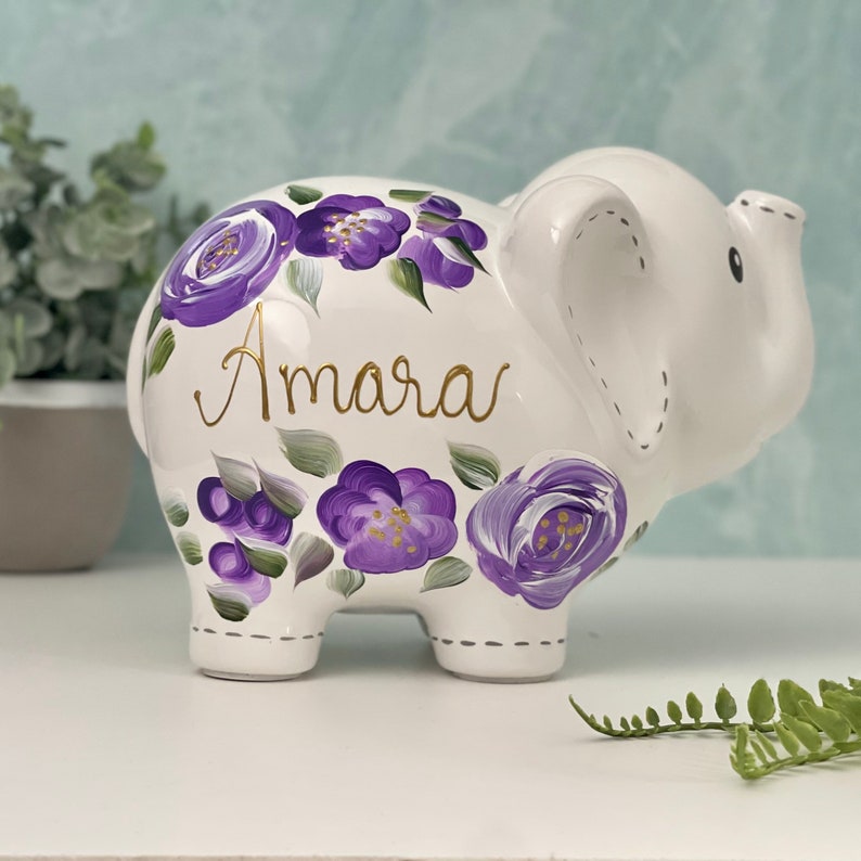 Hand Painted Elephant Piggy Bank with Purple Flowers, 1st Birthday Gift For Baby Girl, Personalized Piggy Bank for Girls Boho Decor image 1