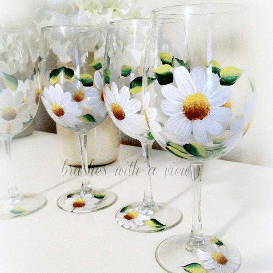 Hand Painted Daisy Flower Wine Glass Set of 4 White Daisies Spring