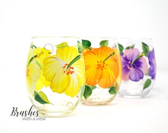 Hand Painted Hibiscus Flower Stemless Wine Glass: Summer Decor Gift