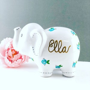 Personalized White Elephant Piggy Bank – Hand-Painted Ceramic Coin Bank, Custom Baby Shower Gift, Nursery Decor