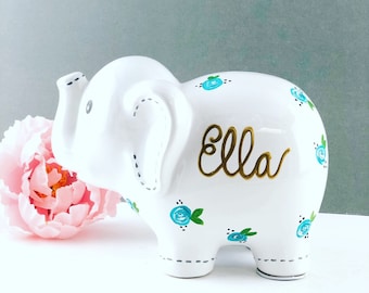 Personalized White Elephant Piggy Bank – Hand-Painted Ceramic Coin Bank, Custom Baby Shower Gift, Nursery Decor