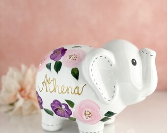 Boho Painted Elephant Piggy Bank, Baby Girl Gift, Personalized Piggy Bank for Girls, Baby Girl Baby Shower Gift, 1st Birthday Gift Girls