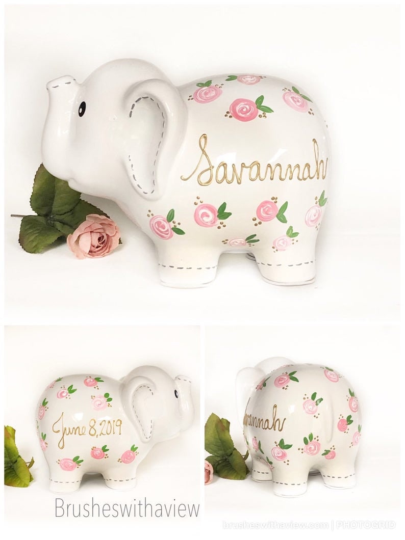 Personalized White Elephant Piggy Bank, Hand Painted Piggy Bank for Girls, Baby Shower Gift 1st Birthday Gift for Baby Girl, Baby Girl image 8