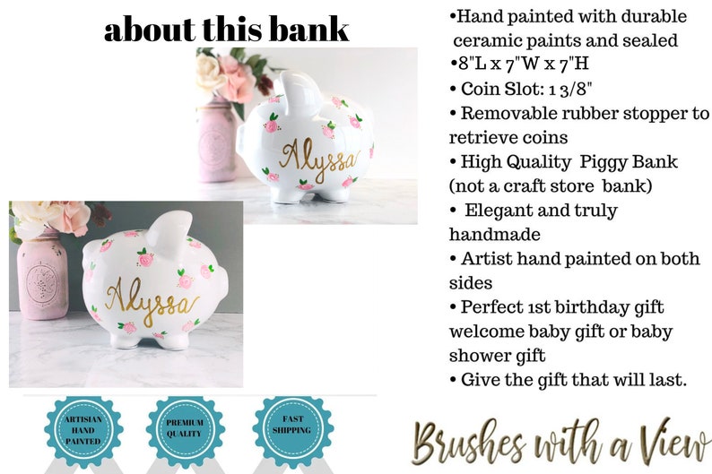 Piggy Bank for Girls Personalized Piggy Bank Girls Baby Girl Gift 1st Birthday Gift Large Hand Painted Piggy Bank Floral image 6