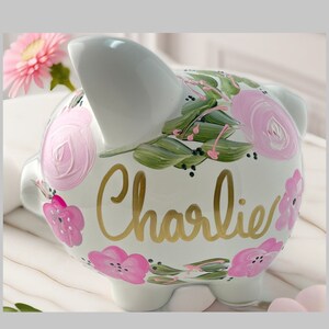 Custom Hand-Painted Piggy Bank for Girls Personalized Boho Chic Nursery Decor, Unique Baby Shower Gift, Heirloom Keepsake Easter Gift image 4