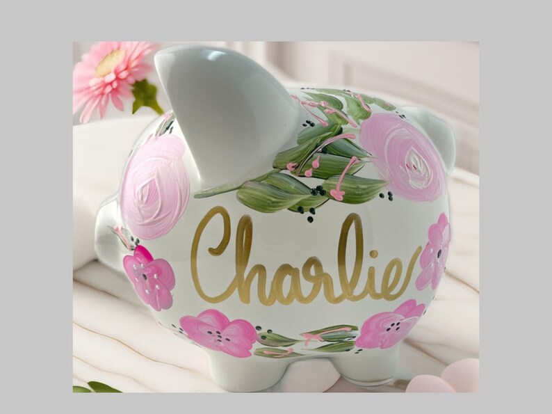 Custom Hand-Painted Piggy Bank for Girls Personalized Boho Chic Nursery Decor, Unique Baby Shower Gift, Heirloom Keepsake Easter Gift image 4
