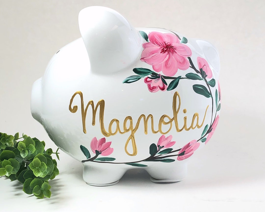Hand Painted Personalized Piggy Bank for Girls Pink Flower Piggy Bank