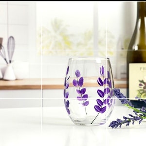 Lavender Wine Glass | Hand-Painted Stemless Glass | Gifts for Mom or Her