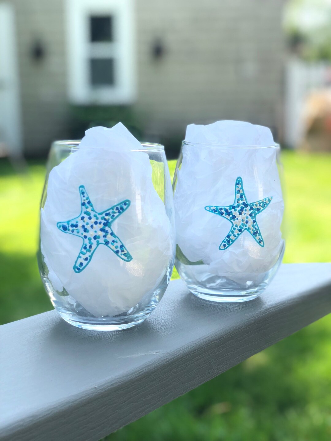 Coastal Beach Wine Glass Set, Starfish Nautical Wine Glass Set, Beach